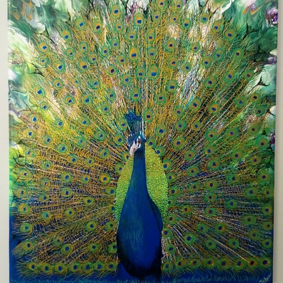 Artisan Other - AT THE GALLERY Hand Crafted Peacock Resin Painting Pea Fowl